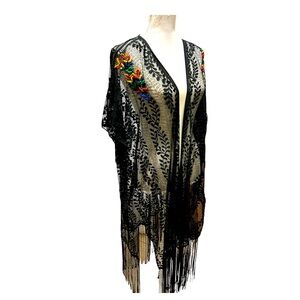 Boho Black Lace With Fringe Sheer Swim Cover-Up Kimono
